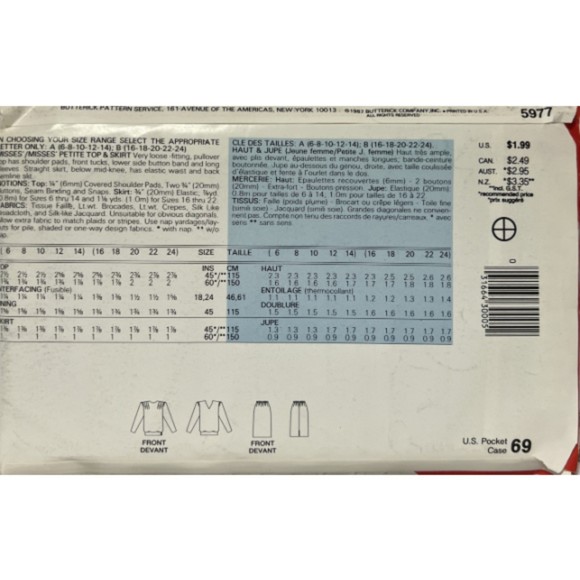 Vintage 1990's See & Sew 5977 Sewing Pattern - Misses Tunic Top & Straight Skirt - Picture 2 of 2